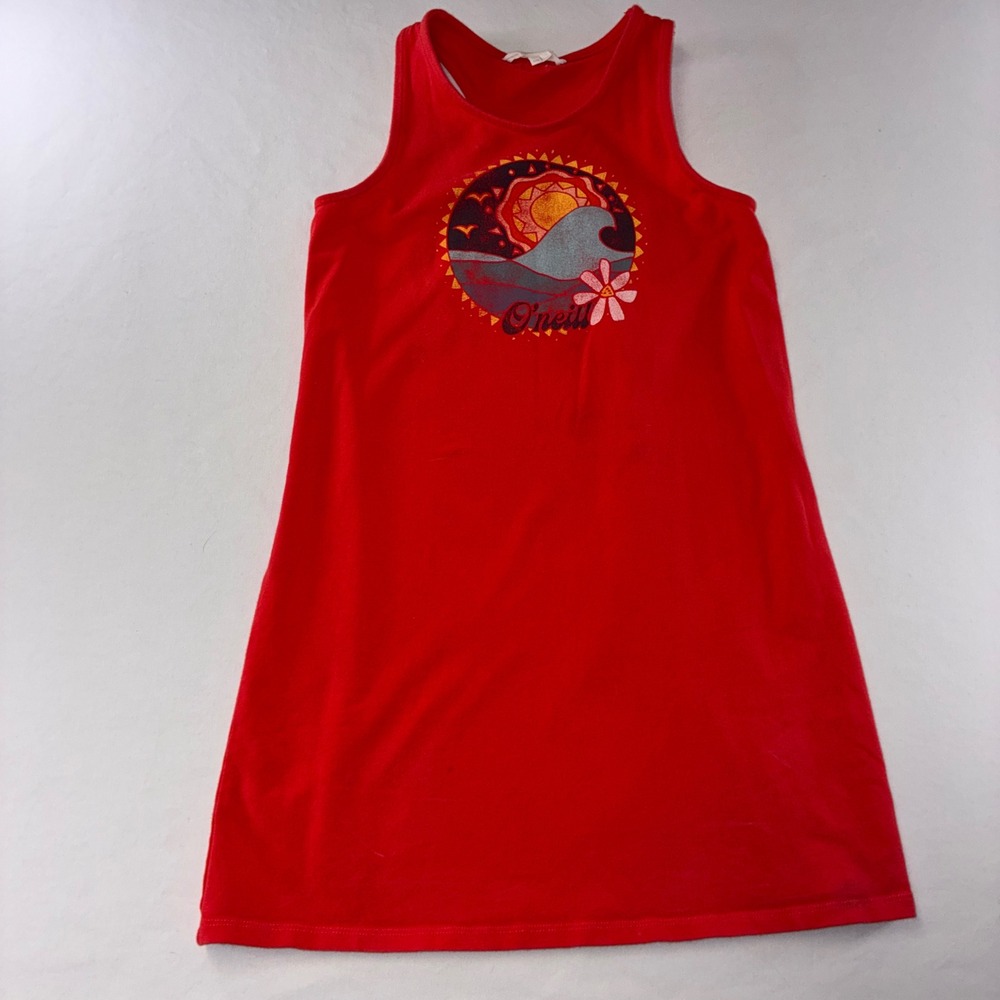391 O'Neill Tank Dress L Red Graphic Sun Wave Hibiscus Sleeveless Stretch